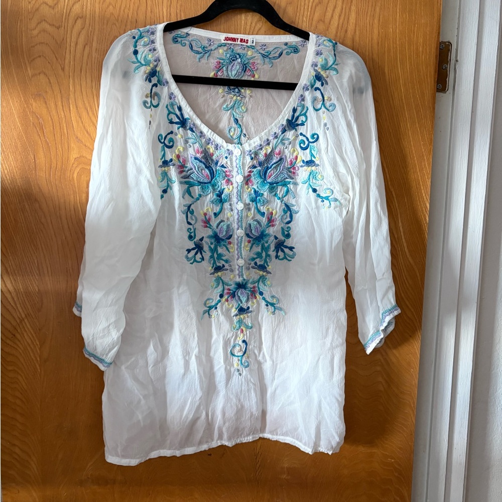 Johnny Was blue moon melco Pastel Floral Embroidered Blouse M - Picture 2 of 12